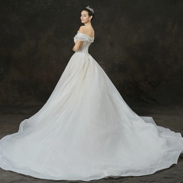 Bling Bling Champagne Wedding Dresses 2019 A-Line / Princess Off-The-Shoulder Short Sleeve Backless Glitter Tulle Cathedral Train Ruffle