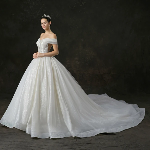 Bling Bling Champagne Wedding Dresses 2019 A-Line / Princess Off-The-Shoulder Short Sleeve Backless Glitter Tulle Cathedral Train Ruffle