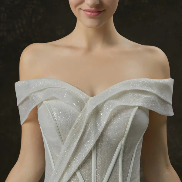 Bling Bling Champagne Wedding Dresses 2019 A-Line / Princess Off-The-Shoulder Short Sleeve Backless Glitter Tulle Cathedral Train Ruffle