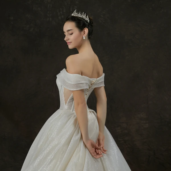 Bling Bling Champagne Wedding Dresses 2019 A-Line / Princess Off-The-Shoulder Short Sleeve Backless Glitter Tulle Cathedral Train Ruffle