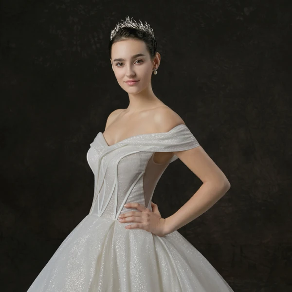 Bling Bling Champagne Wedding Dresses 2019 A-Line / Princess Off-The-Shoulder Short Sleeve Backless Glitter Tulle Cathedral Train Ruffle