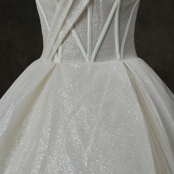 Bling Bling Champagne Wedding Dresses 2019 A-Line / Princess Off-The-Shoulder Short Sleeve Backless Glitter Tulle Cathedral Train Ruffle