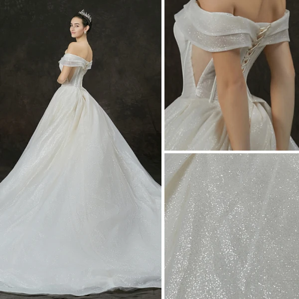 Bling Bling Champagne Wedding Dresses 2019 A-Line / Princess Off-The-Shoulder Short Sleeve Backless Glitter Tulle Cathedral Train Ruffle
