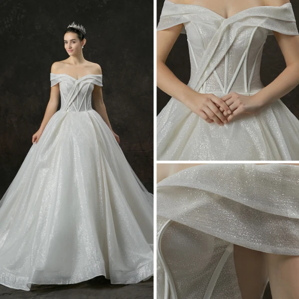 Bling Bling Champagne Wedding Dresses 2019 A-Line / Princess Off-The-Shoulder Short Sleeve Backless Glitter Tulle Cathedral Train Ruffle