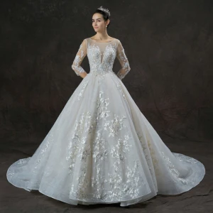 Romantic Champagne See Through Wedding Dresses 2019 A Line Princess Scoop Neck 3 4 Sleeve Backless Appliques Lace Cathedral Train Ruffle