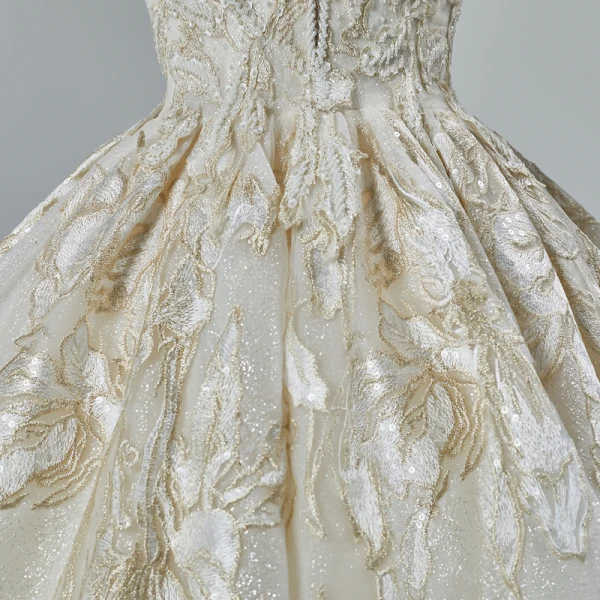 Classy Champagne Wedding Dresses 2019 A-Line / Princess Off-The-Shoulder Short Sleeve Backless Appliques Lace Beading Glitter Tulle Cathedral Train Ruffle