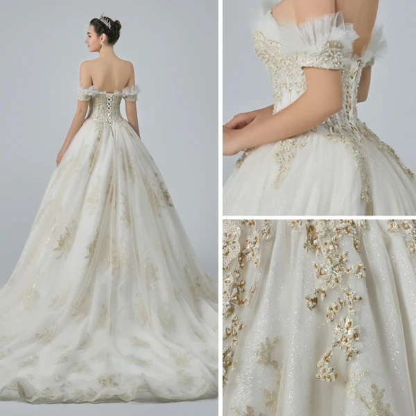 Luxe Champagne Robe De Mariée 2019 Princesse De l'épaule Manches Courtes Dos Nu Appliques En Dentelle Perle Perlage Glitter Tulle Cathedral Train Volants