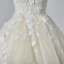 Chic / Beautiful Champagne Wedding Dresses 2019 A-Line / Princess V-Neck Sleeveless Backless Appliques Lace Beading Pearl Glitter Tulle Cathedral Train Ruffle