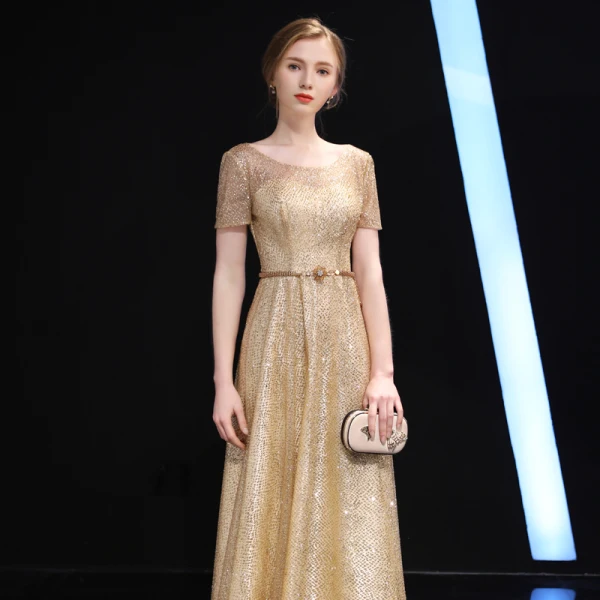 Sparkly Grey Evening Dresses 2018 A-Line / Princess Scoop Neck Short Sleeve Glitter Tulle Metal Rhinestone Sash Floor-Length / Long Ruffle Backless Formal Dresses