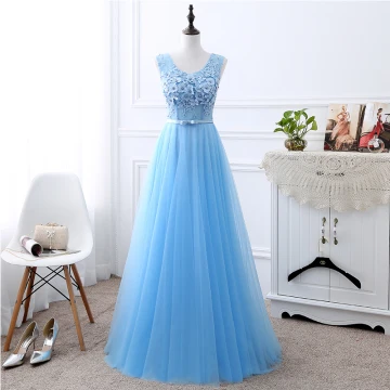 Chic Beautiful Sky Blue See Through Evening Dresses 2018 A Line Princess U Neck Sleeveless Appliques Lace Flower Pearl Bow Sash Floor Length Long Ruffle Backless Formal Dresses