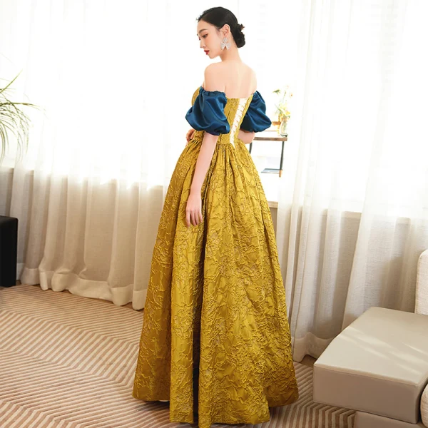 Elegant Gold Yellow Prom Dresses 2023 A-Line / Princess Off-The-Shoulder Short Sleeve Backless Floor-Length / Long Prom Formal Dresses