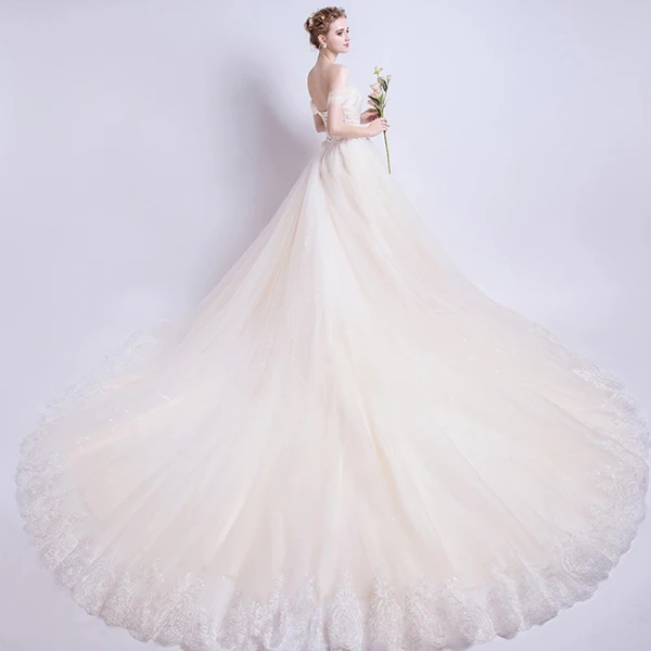 Discount Champagne Wedding Dresses 2018 A-Line / Princess Off-The-Shoulder Short Sleeve Backless Appliques Lace Ruffle Cathedral Train