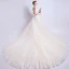 Discount Champagne Wedding Dresses 2018 A-Line / Princess Off-The-Shoulder Short Sleeve Backless Appliques Lace Ruffle Cathedral Train