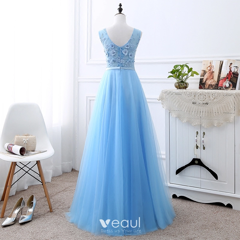 Chic Beautiful Sky Blue See through Evening Dresses 2018 A Line Princess U Neck Sleeveless Appliques Lace Flower Pearl Bow Sash Floor Length Long Ruffle Backless Formal Dresses