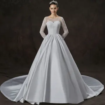 Simple Ivoire Satin Robe De Mariée 2019 Princesse Transparentes Encolure Dégagée Manches Longues Dos Nu Appliques En Dentelle Cathedral Train Volants