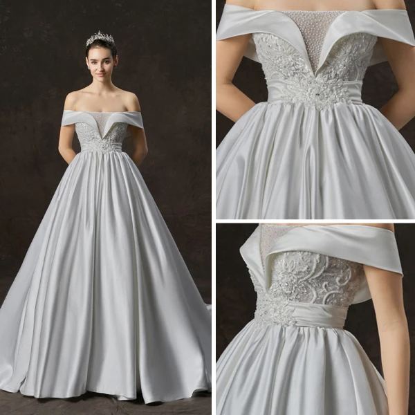 Élégant Ivoire Satin Robe De Mariée 2019 Princesse De l'épaule Manches Courtes Dos Nu Faux Diamant Perlage Perle Cathedral Train Volants