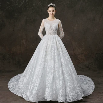 Illusion Blanche Transparentes Robe De Mariée 2019 Princesse Encolure Dégagée Manches Longues Appliques En Dentelle Perle Perlage Cathedral Train Volants