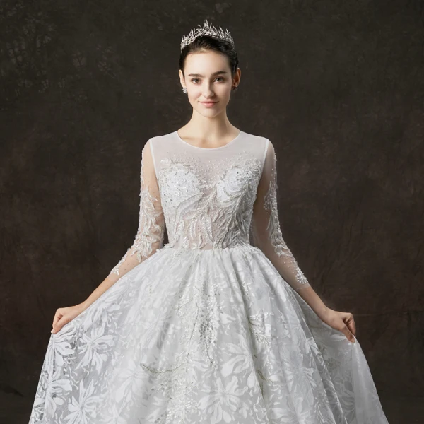Illusion White See-through Wedding Dresses 2019 A-Line / Princess Scoop Neck Long Sleeve Appliques Lace Pearl Beading Cathedral Train Ruffle