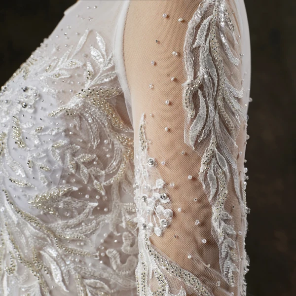 Illusion White See-through Wedding Dresses 2019 A-Line / Princess Scoop Neck Long Sleeve Appliques Lace Pearl Beading Cathedral Train Ruffle