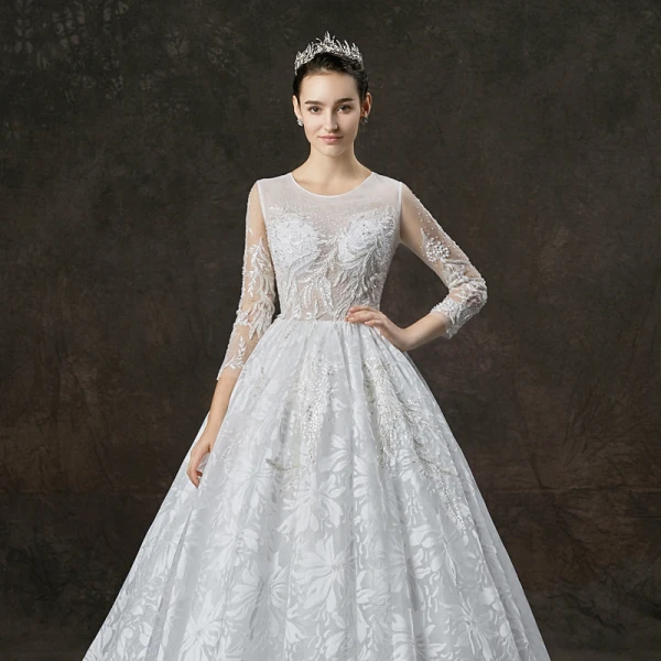 Illusion White See-through Wedding Dresses 2019 A-Line / Princess Scoop Neck Long Sleeve Appliques Lace Pearl Beading Cathedral Train Ruffle