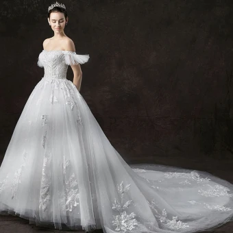 Chic Beautiful Ivory Wedding Dresses 2019 A Line Princess Off The Shoulder Short Sleeve Backless Appliques Lace Glitter Tulle Cathedral Train Ruffle