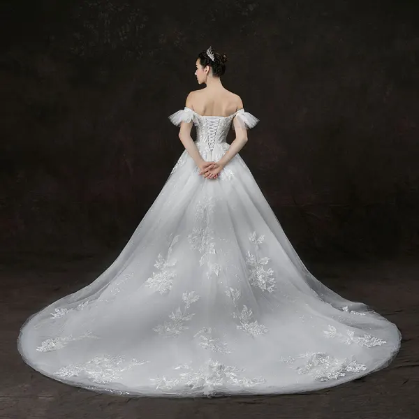 Chic / Beautiful Ivory Wedding Dresses 2019 A-Line / Princess Off-The-Shoulder Short Sleeve Backless Appliques Lace Glitter Tulle Cathedral Train Ruffle