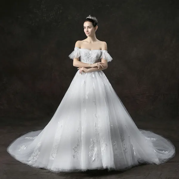 Chic / Beautiful Ivory Wedding Dresses 2019 A-Line / Princess Off-The-Shoulder Short Sleeve Backless Appliques Lace Glitter Tulle Cathedral Train Ruffle
