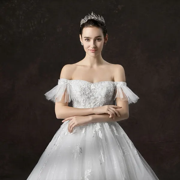 Chic / Beautiful Ivory Wedding Dresses 2019 A-Line / Princess Off-The-Shoulder Short Sleeve Backless Appliques Lace Glitter Tulle Cathedral Train Ruffle