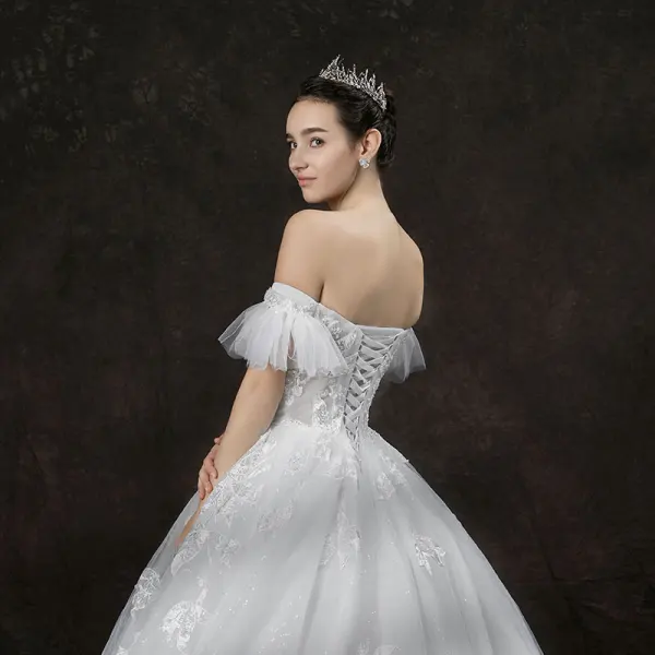 Chic / Beautiful Ivory Wedding Dresses 2019 A-Line / Princess Off-The-Shoulder Short Sleeve Backless Appliques Lace Glitter Tulle Cathedral Train Ruffle