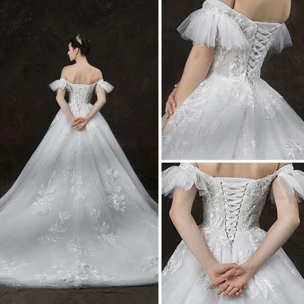 Chic / Beautiful Ivory Wedding Dresses 2019 A-Line / Princess Off-The-Shoulder Short Sleeve Backless Appliques Lace Glitter Tulle Cathedral Train Ruffle
