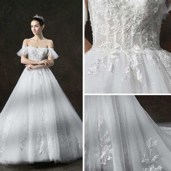 Chic / Beautiful Ivory Wedding Dresses 2019 A-Line / Princess Off-The-Shoulder Short Sleeve Backless Appliques Lace Glitter Tulle Cathedral Train Ruffle