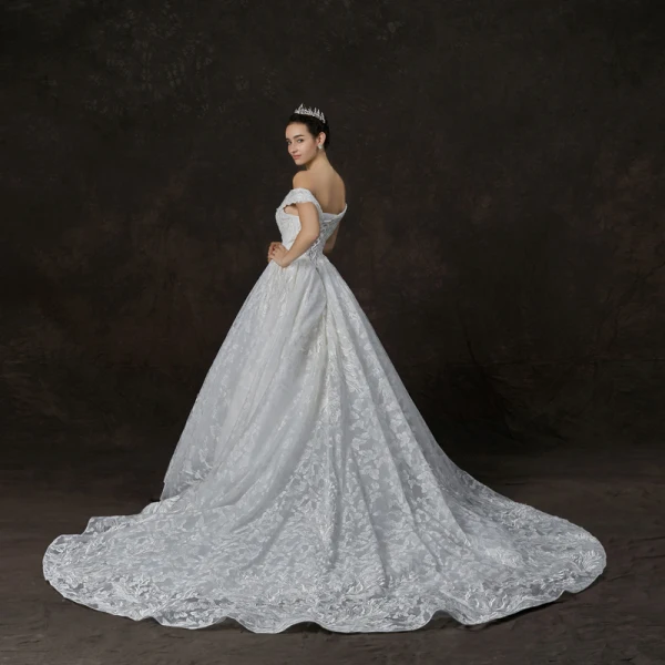 Luxury / Gorgeous Ivory Wedding Dresses 2019 A-Line / Princess Off-The-Shoulder Short Sleeve Backless Appliques Lace Sequins Beading Cathedral Train Ruffle