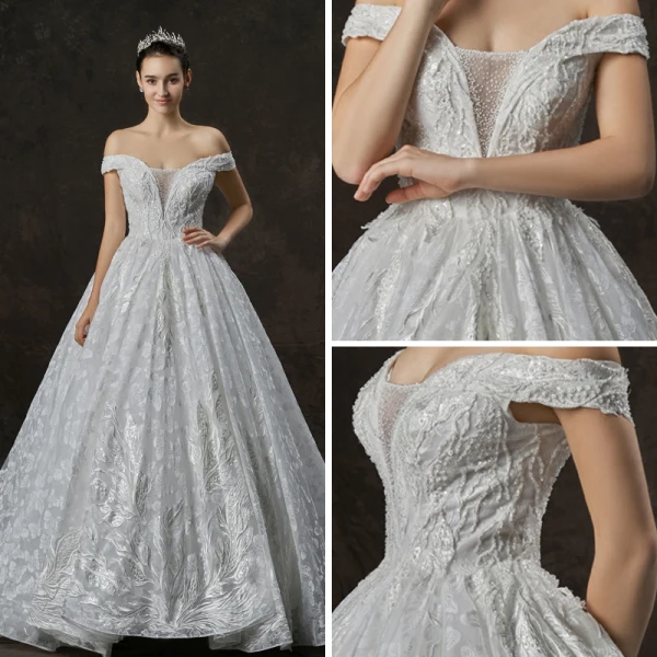 Luxury / Gorgeous Ivory Wedding Dresses 2019 A-Line / Princess Off-The-Shoulder Short Sleeve Backless Appliques Lace Sequins Beading Cathedral Train Ruffle