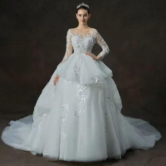 Illusion White See Through Wedding Dresses 2019 Ball Gown Scoop Neck Long Sleeve Backless Appliques Lace Pearl Beading Cathedral Train Cascading Ruffles