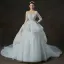 Illusion Weiß Durchsichtige Brautkleider / Hochzeitskleider 2019 Ballkleid Rundhalsausschnitt Lange Ärmel Rückenfreies Applikationen Spitze Perle Perlenstickerei Kathedrale Schleppe Fallende Rüsche
