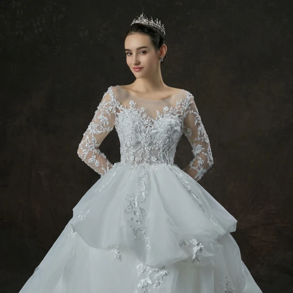 Illusion Weiß Durchsichtige Brautkleider / Hochzeitskleider 2019 Ballkleid Rundhalsausschnitt Lange Ärmel Rückenfreies Applikationen Spitze Perle Perlenstickerei Kathedrale Schleppe Fallende Rüsche