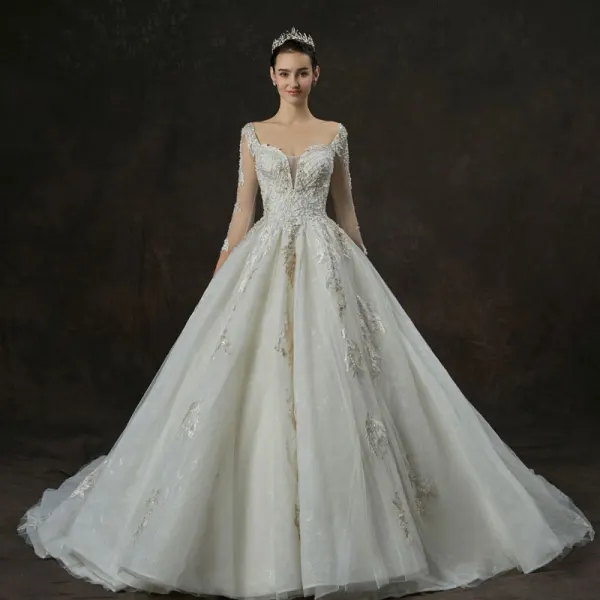 Luxury / Gorgeous Champagne Wedding Dresses 2019 A-Line / Princess Square Neckline 3/4 Sleeve Backless Appliques Lace Pearl Beading Cathedral Train Ruffle
