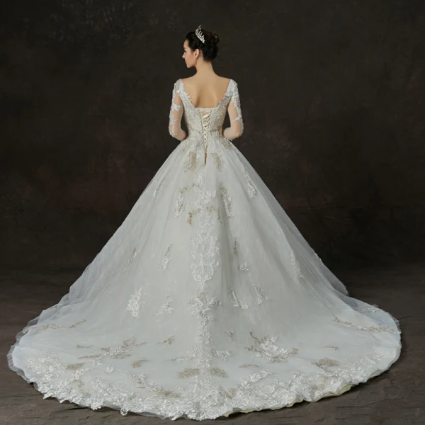 Luxury / Gorgeous Champagne Wedding Dresses 2019 A-Line / Princess Square Neckline 3/4 Sleeve Backless Appliques Lace Pearl Beading Cathedral Train Ruffle