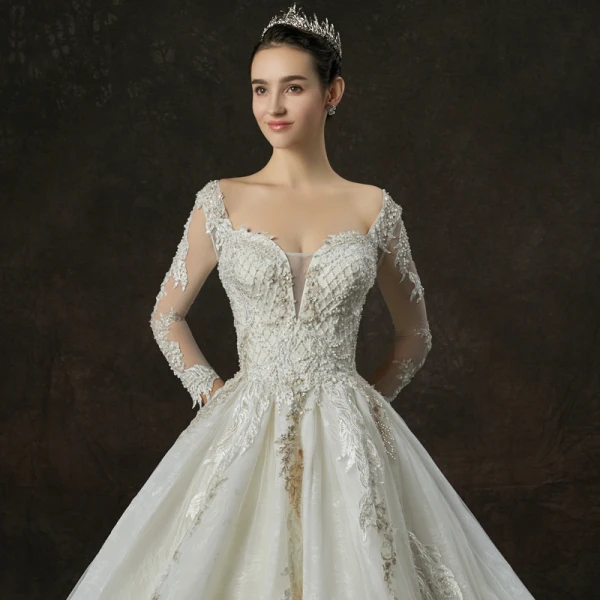 Luxury / Gorgeous Champagne Wedding Dresses 2019 A-Line / Princess Square Neckline 3/4 Sleeve Backless Appliques Lace Pearl Beading Cathedral Train Ruffle