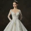 Luxury / Gorgeous Champagne Wedding Dresses 2019 A-Line / Princess Square Neckline 3/4 Sleeve Backless Appliques Lace Pearl Beading Cathedral Train Ruffle