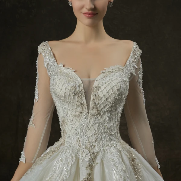 Luxury / Gorgeous Champagne Wedding Dresses 2019 A-Line / Princess Square Neckline 3/4 Sleeve Backless Appliques Lace Pearl Beading Cathedral Train Ruffle