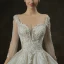 Luxury / Gorgeous Champagne Wedding Dresses 2019 A-Line / Princess Square Neckline 3/4 Sleeve Backless Appliques Lace Pearl Beading Cathedral Train Ruffle