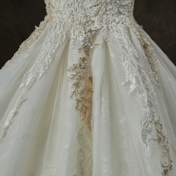 Luxury / Gorgeous Champagne Wedding Dresses 2019 A-Line / Princess Square Neckline 3/4 Sleeve Backless Appliques Lace Pearl Beading Cathedral Train Ruffle