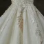 Luxury / Gorgeous Champagne Wedding Dresses 2019 A-Line / Princess Square Neckline 3/4 Sleeve Backless Appliques Lace Pearl Beading Cathedral Train Ruffle