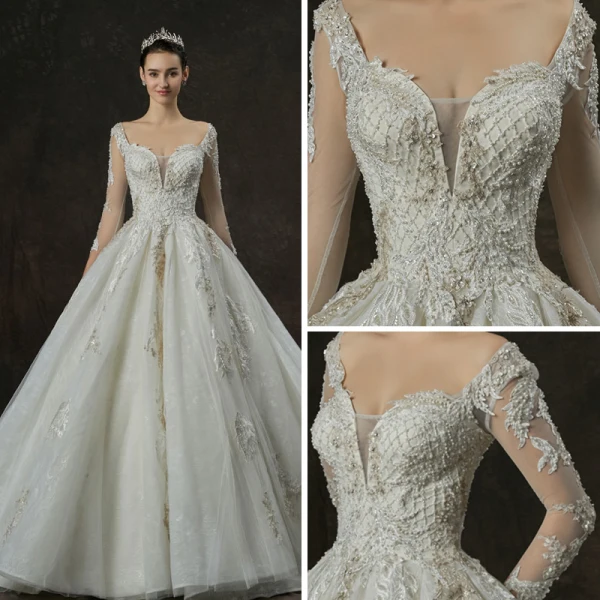 Luxury / Gorgeous Champagne Wedding Dresses 2019 A-Line / Princess Square Neckline 3/4 Sleeve Backless Appliques Lace Pearl Beading Cathedral Train Ruffle