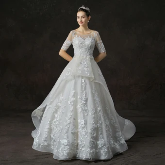 Chic Beautiful Champagne See Through Wedding Dresses 2019 A Line Princess Scoop Neck 1 2 Sleeves Backless Appliques Lace Beading Cathedral Train Ruffle