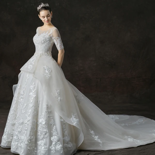 Schöne Champagner Durchsichtige Brautkleider / Hochzeitskleider 2019 A Linie Rundhalsausschnitt 1/2 Ärmel Rückenfreies Applikationen Spitze Perlenstickerei Kathedrale Schleppe Rüschen