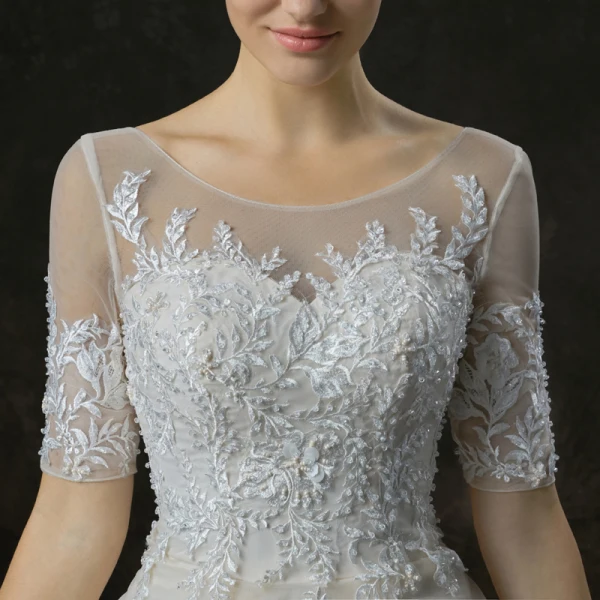 Schöne Champagner Durchsichtige Brautkleider / Hochzeitskleider 2019 A Linie Rundhalsausschnitt 1/2 Ärmel Rückenfreies Applikationen Spitze Perlenstickerei Kathedrale Schleppe Rüschen