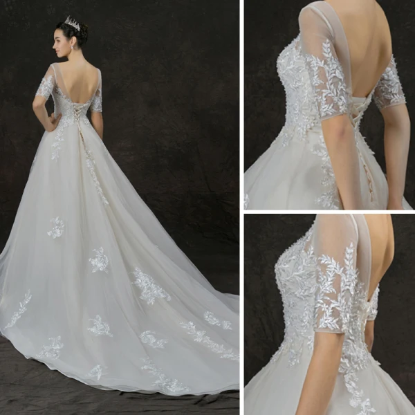 Schöne Champagner Durchsichtige Brautkleider / Hochzeitskleider 2019 A Linie Rundhalsausschnitt 1/2 Ärmel Rückenfreies Applikationen Spitze Perlenstickerei Kathedrale Schleppe Rüschen