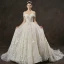 Elegant Champagne Wedding Dresses 2019 A-Line / Princess Off-The-Shoulder Short Sleeve Backless Appliques Lace Beading Pearl Glitter Tulle Cathedral Train Ruffle